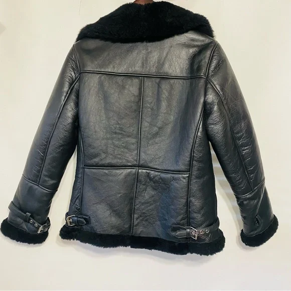 Black Leather Shearling Motorcycle Jacket Size Medium - Picture 3 of 7